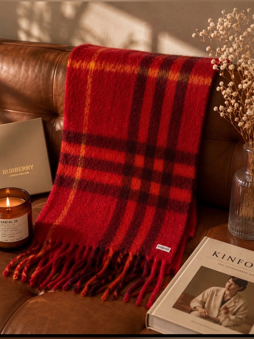 BURBERRY 77% ALPACA WOOL BIG Check Scarf IN COLOR CURRANT SIZE 190cm x 50cm